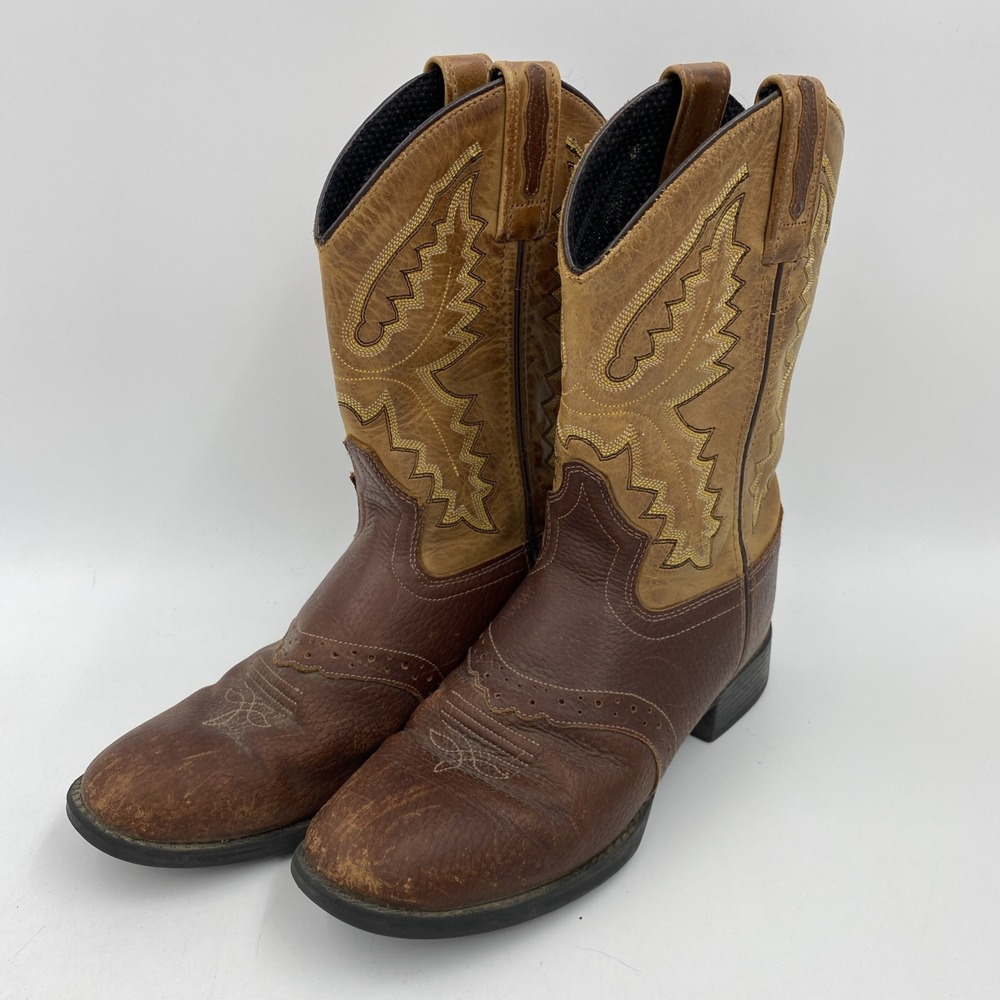 Old West Brown Leather‎ Cowboy Boots Youth S 025 Style B 1936 Round Toe Western